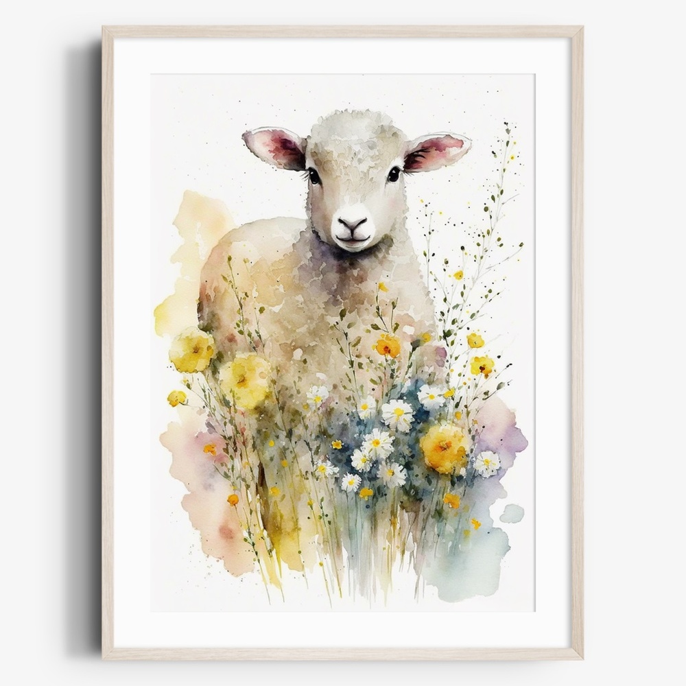 Watercolor Cute Floral Sheep Lamb Wall Art Illustration Print Poster Unframed - Picture 1 of 6